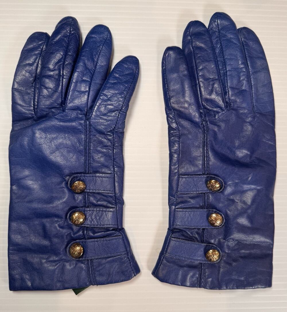 Lauren Ralph Lauren Blue Leather Gloves Womens L Gold Crest Buttons Lined